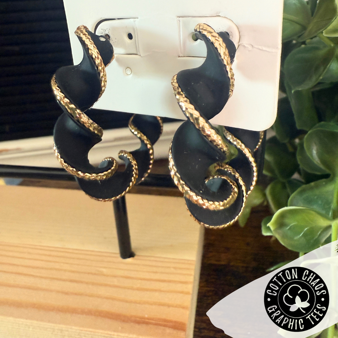 Black & Gold Ribbon Hoop Earrings