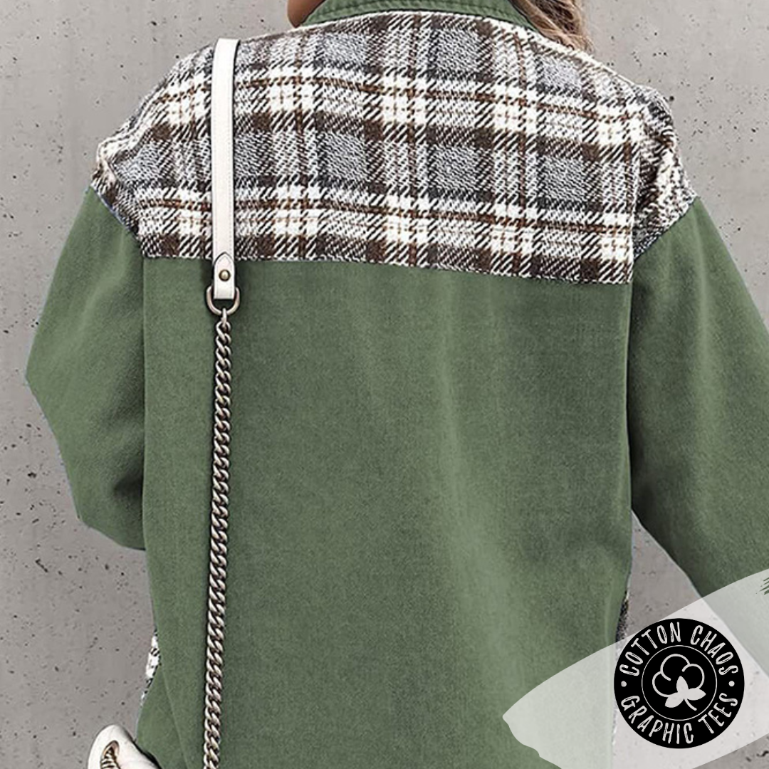 Plaid and Green Open Button Denim Jacket