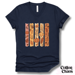 Fall Floral Stripe V-Neck Tee