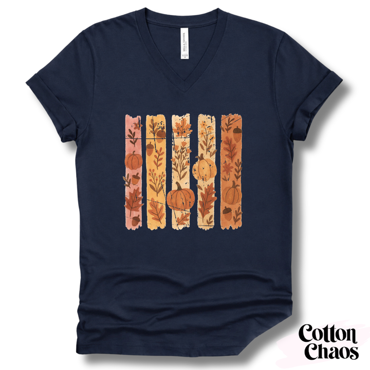 Fall Floral Stripe V-Neck Tee